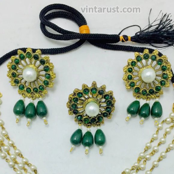 Green Stone and White Pearls Jewelry Set, Tribal Stones and Pearls Jewelry, - Picture 6 of 9